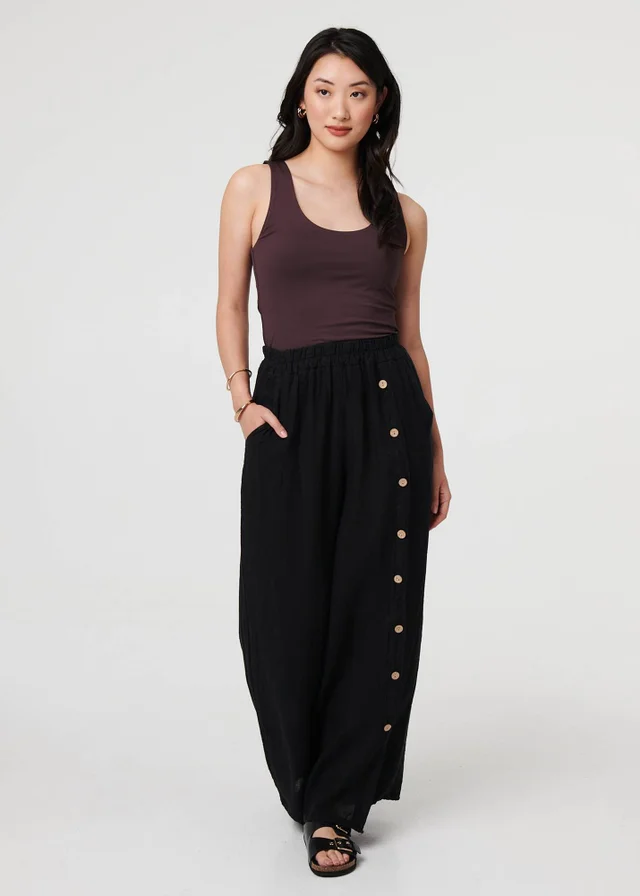 Izabel London Black Button Detail Wide High Waist Trousers