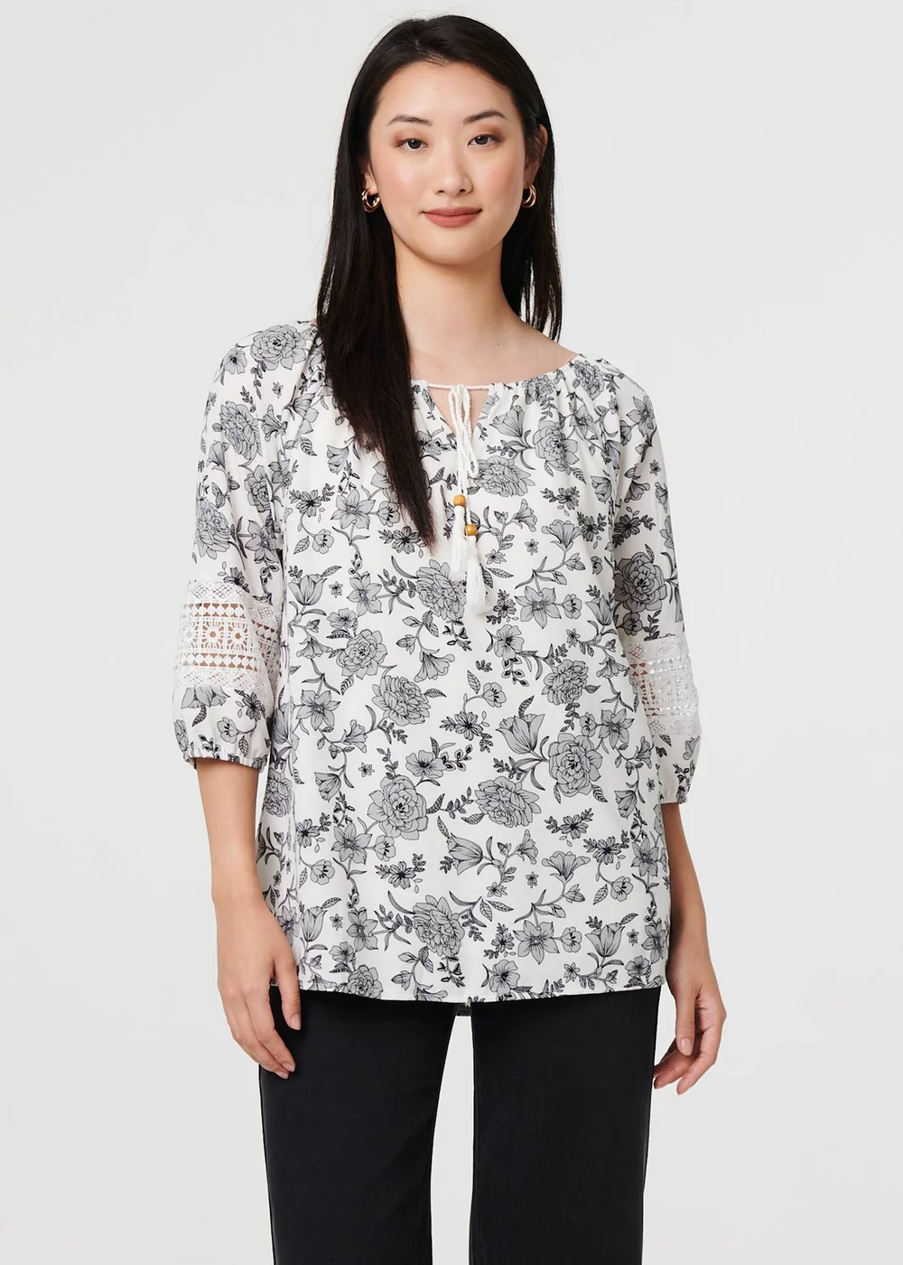 Izabel London White Floral Lace Trim Tie Neck Bardot Blouse - 18 Image 1