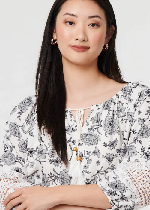 Izabel London White Floral Lace Trim Tie Neck Bardot Blouse - 18 Image 3