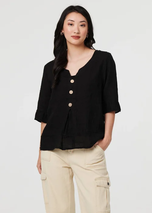 Izabel London Black Button Detail 3/4 Sleeve Relaxed Blouse - 8 Image 1