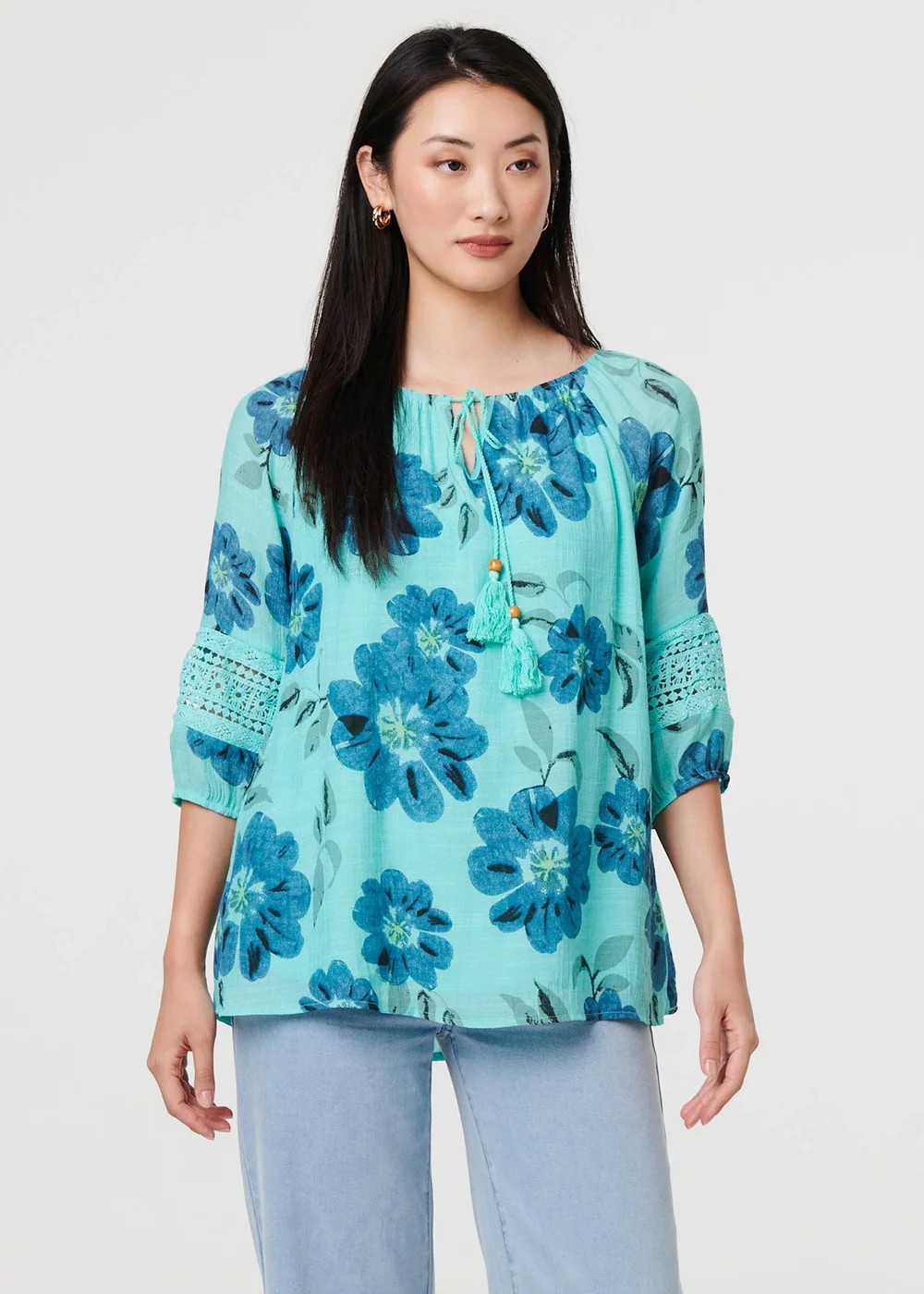 Izabel London Blue Floral Lace Trim Tie Front Bardot Blouse - 8 Image 1
