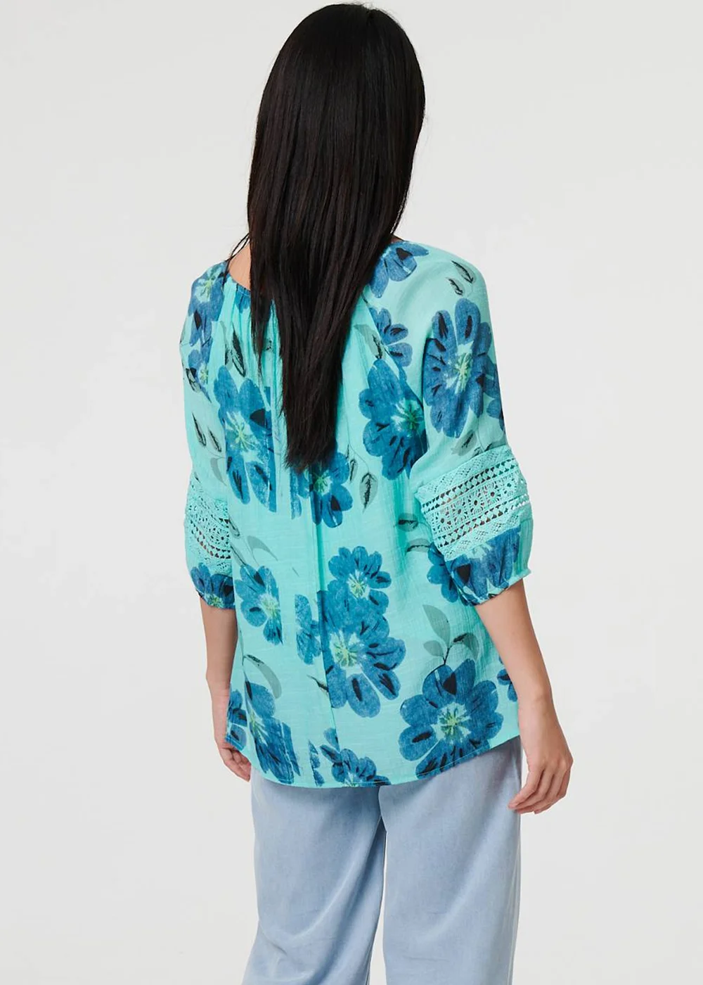 Izabel London Blue Floral Lace Trim Tie Front Bardot Blouse - 8 Image 2