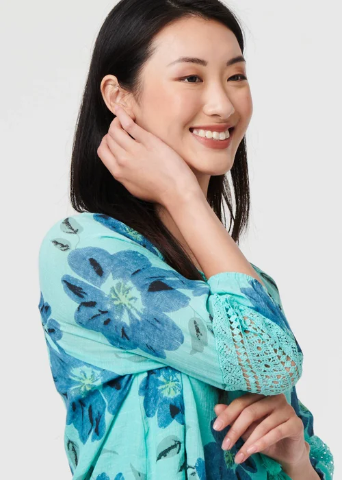 Izabel London Blue Floral Lace Trim Tie Front Bardot Blouse - 8 Image 3