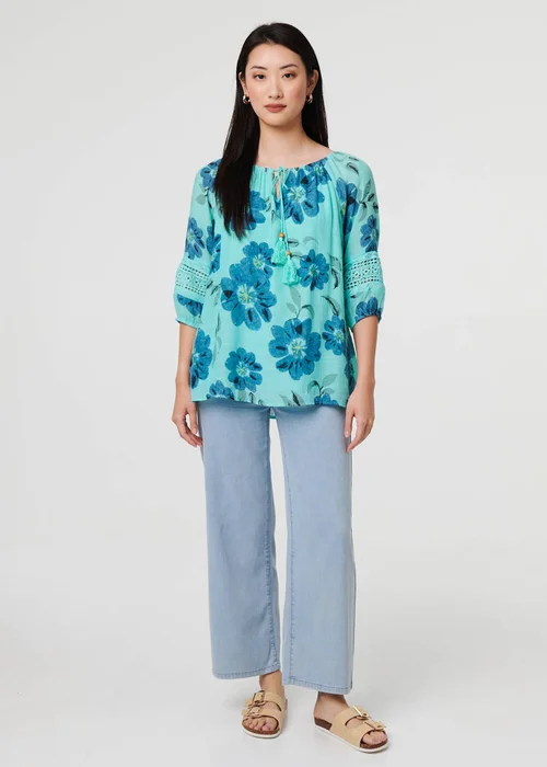 Izabel London Blue Floral Lace Trim Tie Front Bardot Blouse - 8 Image 4