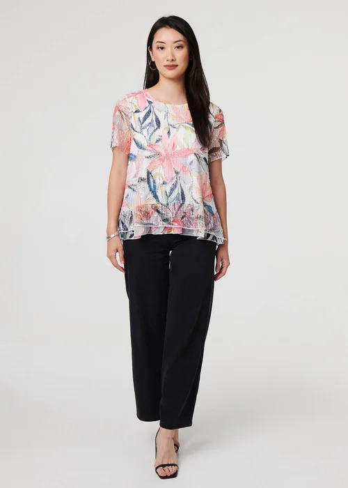 Izabel London Pink Floral Short Sleeve Mesh Layered Top - 8 Image 4