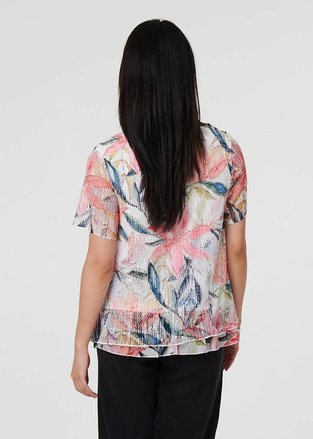 Izabel London Pink Floral Short Sleeve Mesh Layered Top - 8 Image 2