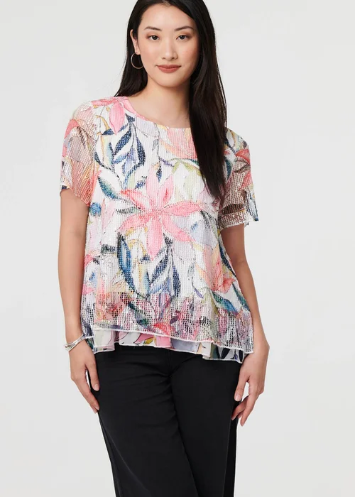 Izabel London Pink Floral Short Sleeve Mesh Layered Top - 8 Image 1