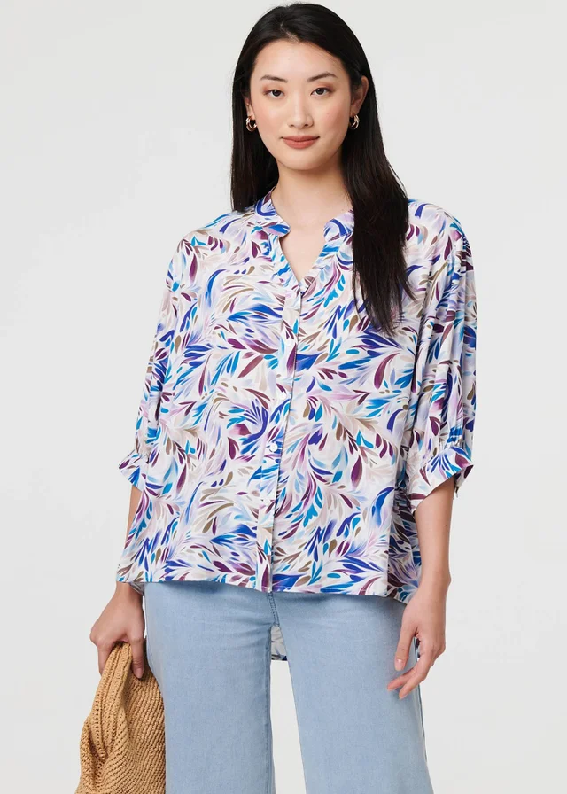 Izabel London Blue Abstract Curve Hem 3/4 Sleeve Shirt