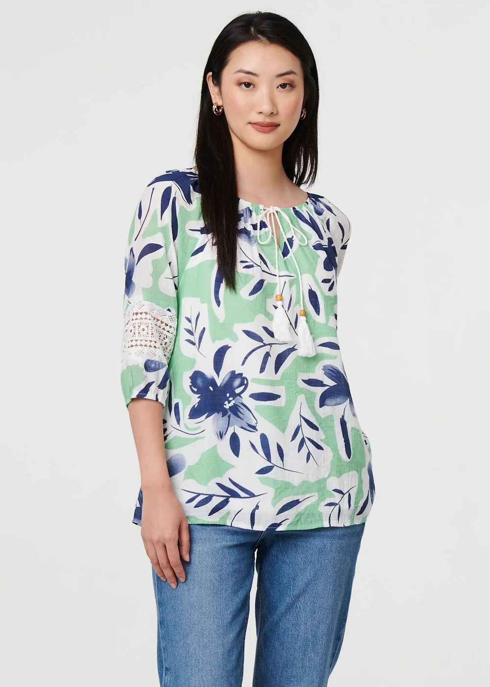 Izabel London Green Leaf Print Lace Trim Bardot Blouse - 8 Image 1