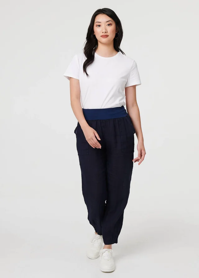 Izabel London Navy Relaxed Linen Tapered Trousers