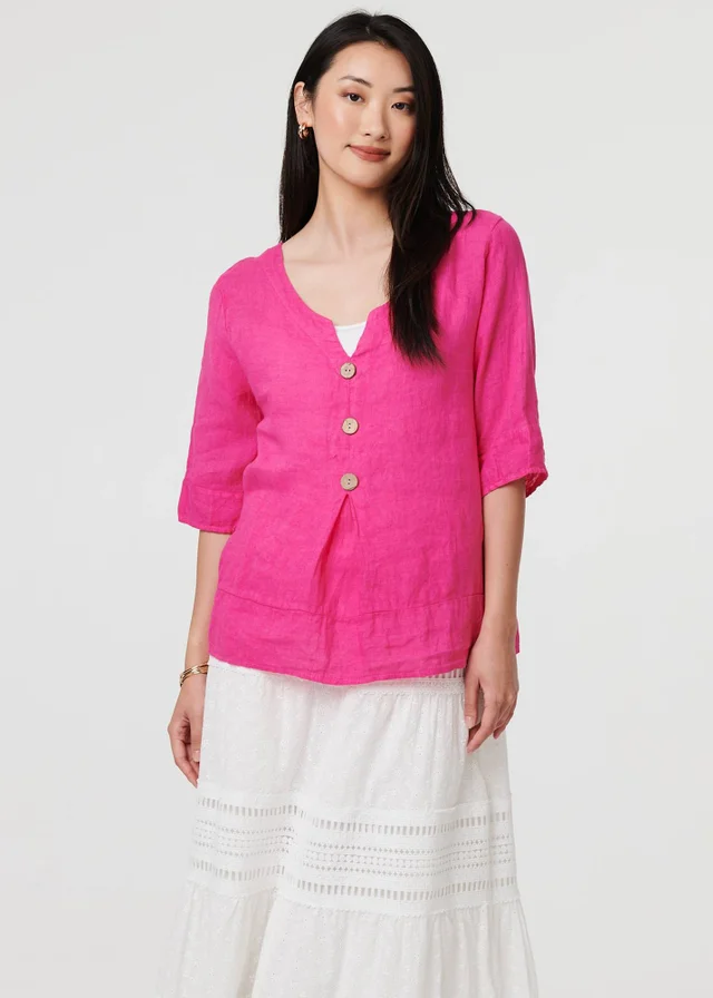 Izabel London Pink Button Detail 3/4 Sleeve Relaxed Blouse