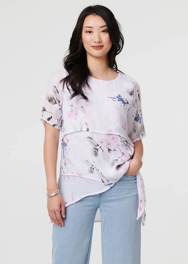 Izabel London Pink Floral Layered Relaxed Fit Blouse
