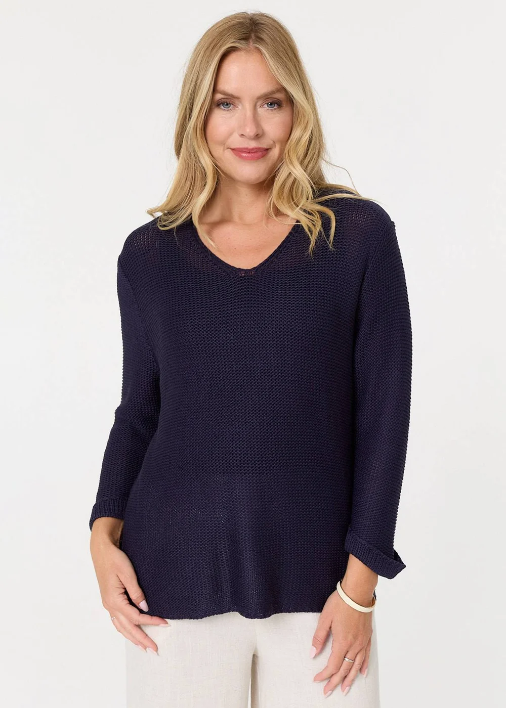 Izabel London Navy Mesh Texture 3/4 Sleeve Relaxed Top - 12-14 Image 1