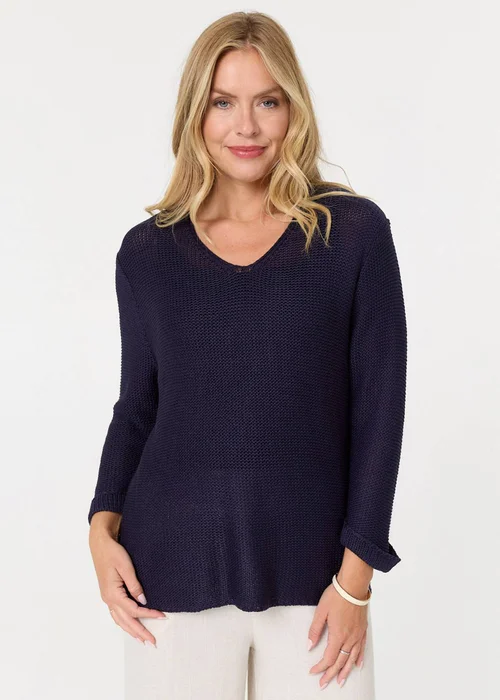 Izabel London Navy Mesh Texture 3/4 Sleeve Relaxed Top - 12-14 Image 1