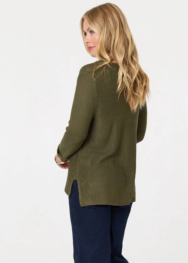 Izabel London Khaki Mesh Texture 3/4 Sleeve Relaxed Top