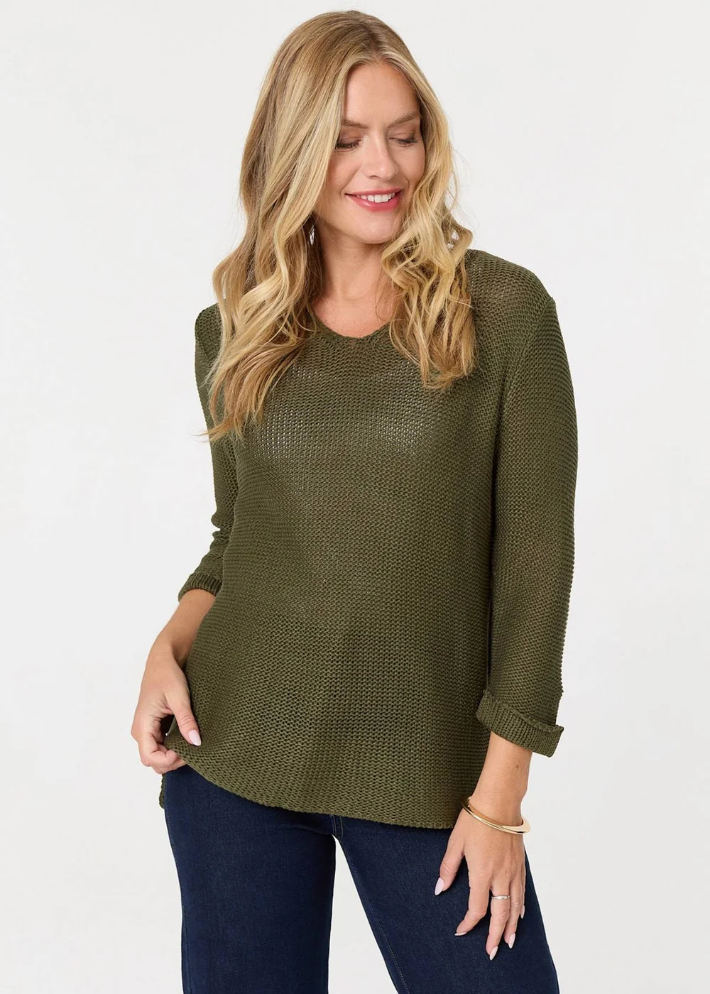 Izabel London Khaki Mesh Texture 3/4 Sleeve Relaxed Top - 8-10 Image 1