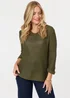 Izabel London Khaki Mesh Texture 3/4 Sleeve Relaxed Top - 8-10 Image 1