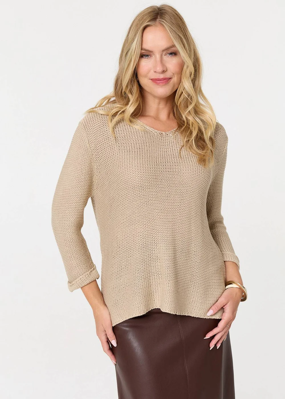 Izabel London Beige Mesh Texture 3/4 Sleeve Relaxed Top - Size 8-10 Image 1