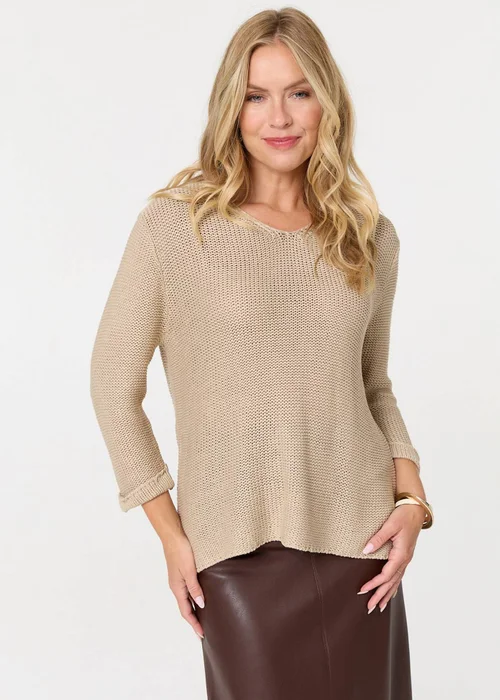 Izabel London Beige Mesh Texture 3/4 Sleeve Relaxed Top - Size 8-10 Image 1