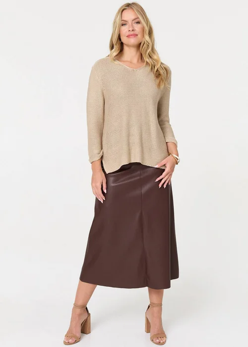 Izabel London Beige Mesh Texture 3/4 Sleeve Relaxed Top - Size 8-10 Image 4