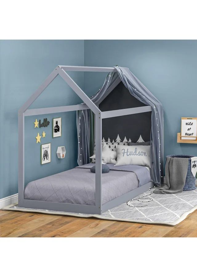 HOMCOM Grey Wooden Single Bed Frame with Tree House Style