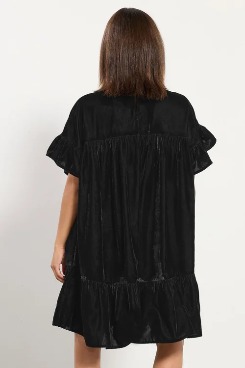 PixieGirl Petite Black Velvet Frill Smock Mini Dress - 14 Image 3