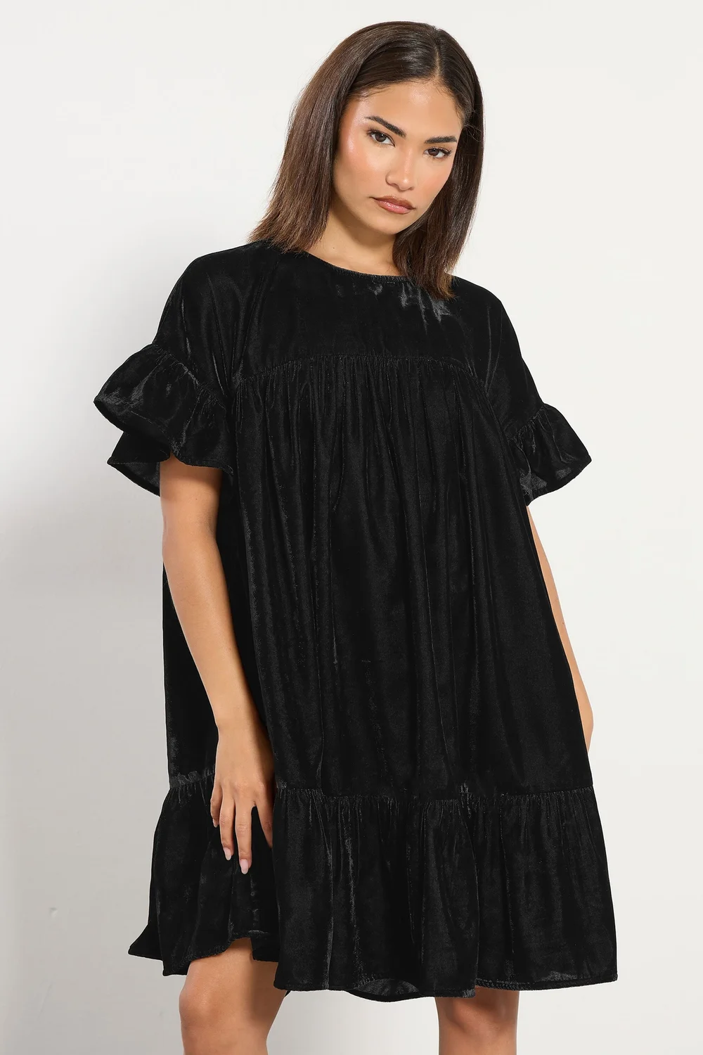 PixieGirl Petite Black Velvet Frill Smock Mini Dress - 14 Image 2