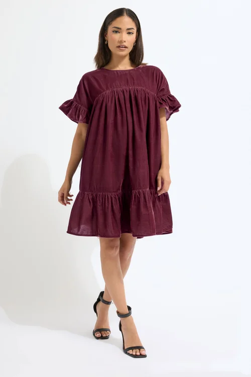 PixieGirl Petite Burgundy Red Velvet Frill Smock Mini Dress - 16 Image 3