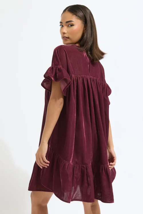 PixieGirl Petite Burgundy Red Velvet Frill Smock Mini Dress - 16 Image 4