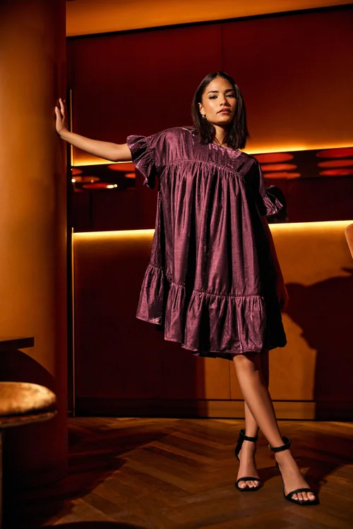 PixieGirl Petite Burgundy Red Velvet Frill Smock Mini Dress - 16 Image 1