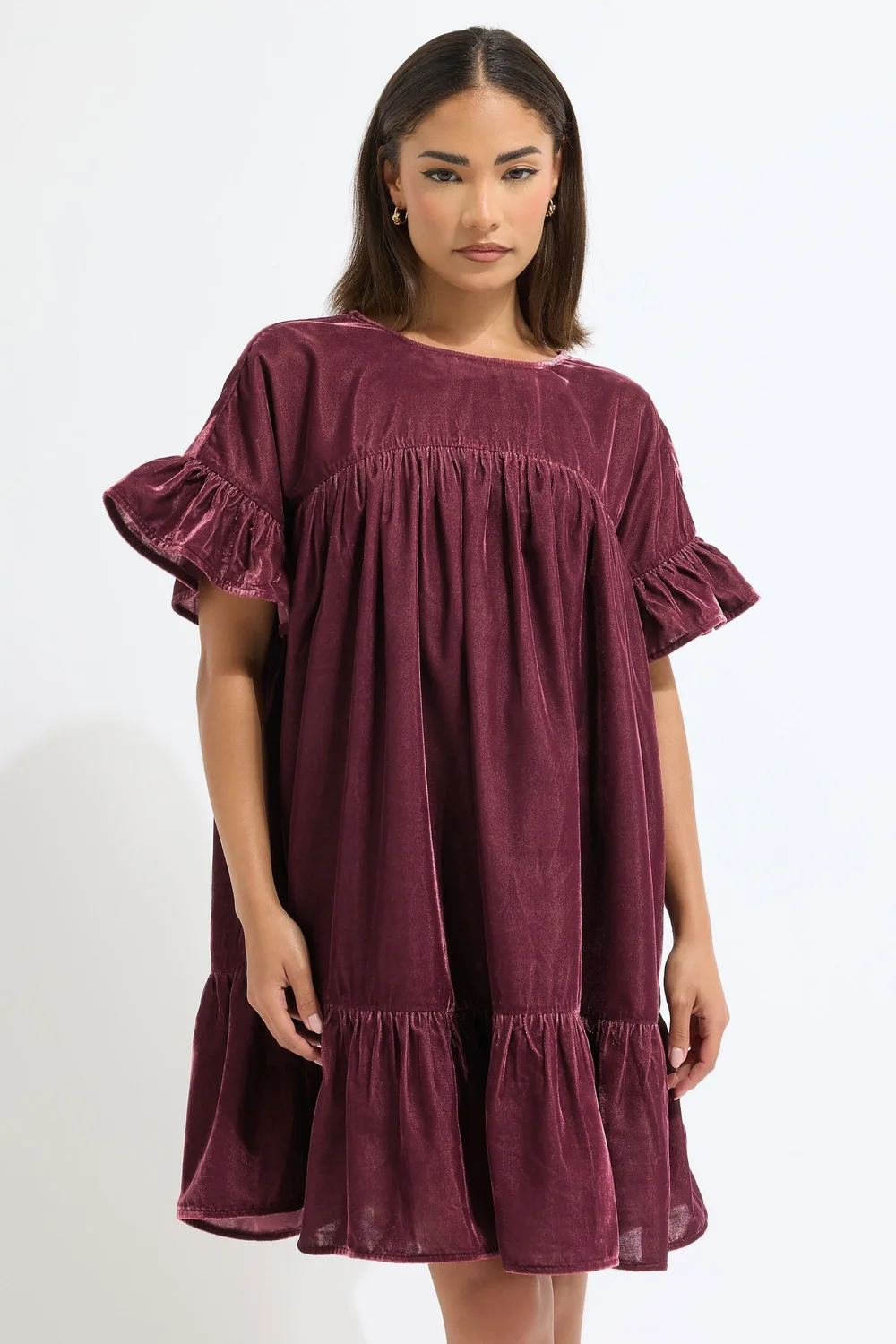 PixieGirl Petite Burgundy Red Velvet Frill Smock Mini Dress - 16 Image 2