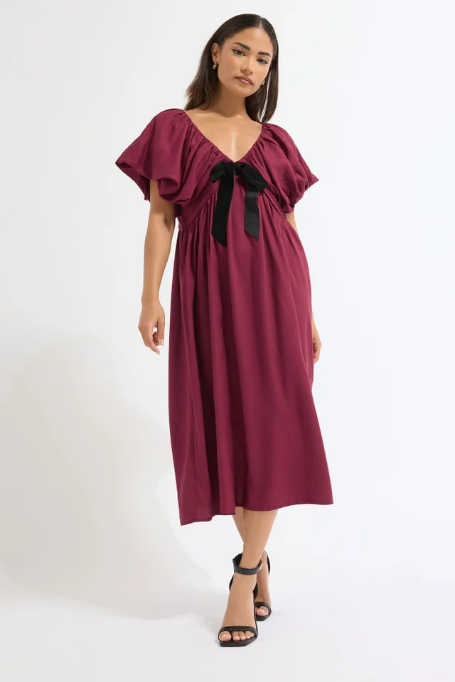 PixieGirl Petite Burgundy Red Velvet Bow Mini Dress