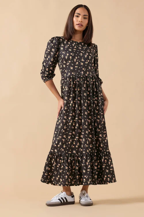 PixieGirl Petite Black Ditsy Tiered Hemline Dress - 10 Image 1