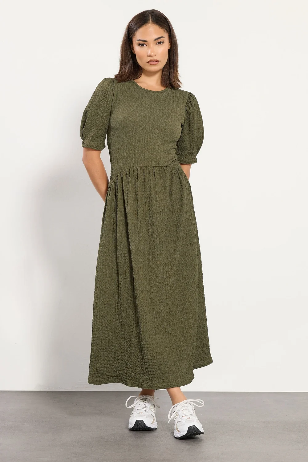 PixieGirl Petite Olive Green Textured Midi Dress - 6 Image 2