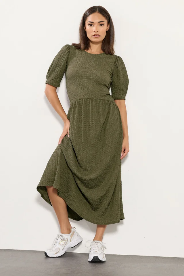 PixieGirl Petite Olive Green Textured Midi Dress