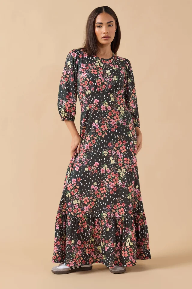 PixieGirl Petite Black Spot & Floral Print Maxi Dress