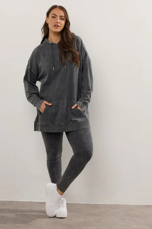 Yours Curve Black Acid Wash Longline Hoodie - Size 22-24 Image 3