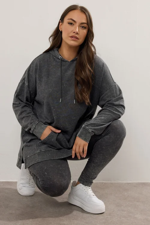 Yours Curve Black Acid Wash Longline Hoodie - Size 22-24 Image 1