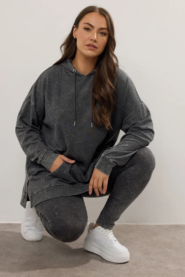 Yours Curve Black Acid Wash Longline Hoodie