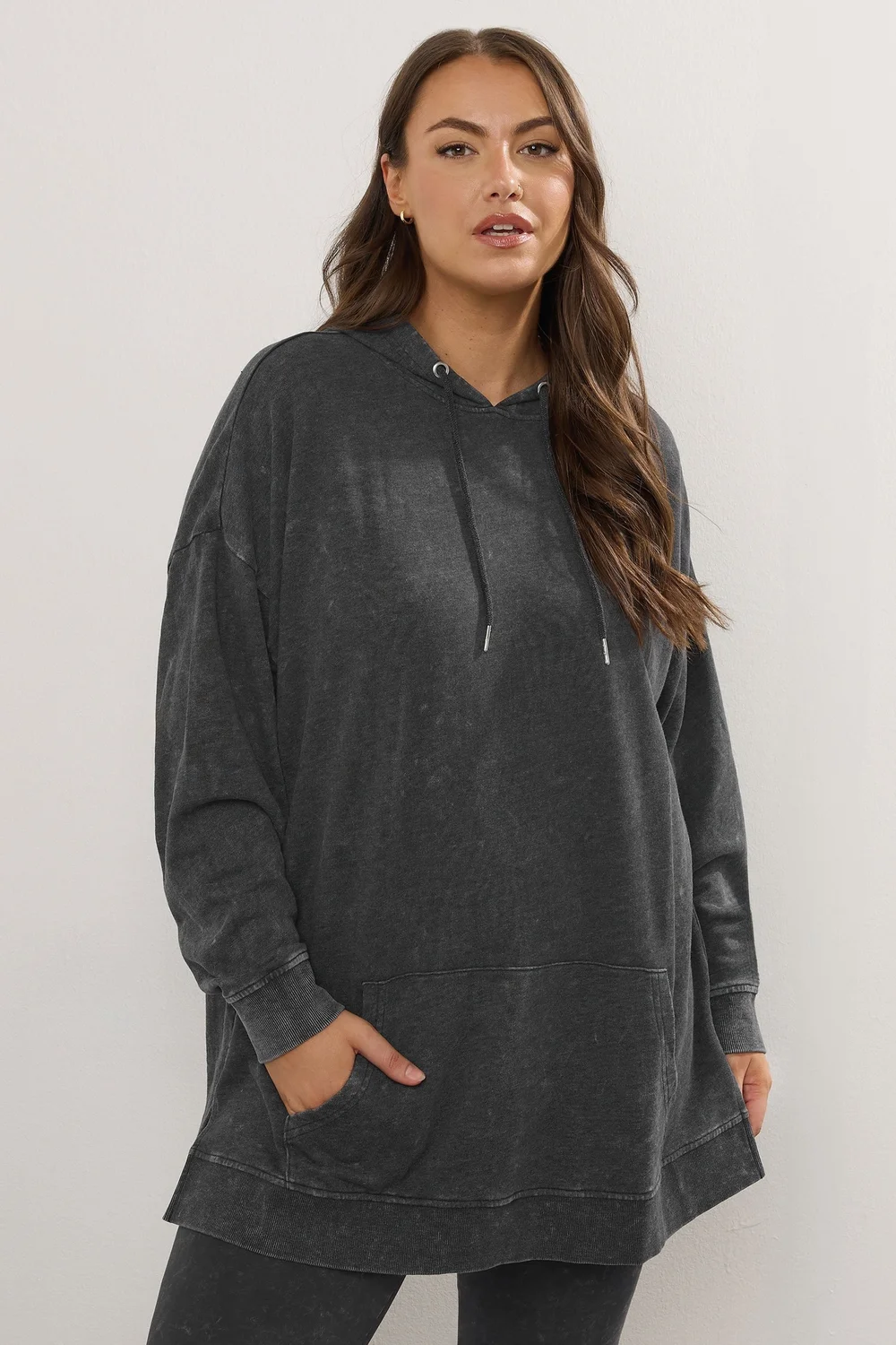 Yours Curve Black Acid Wash Longline Hoodie - Size 22-24 Image 2