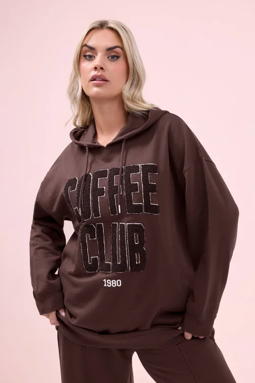 Yours Curve Brown 'Coffee Club' Slogan Hoodie - Size 16 Image 1