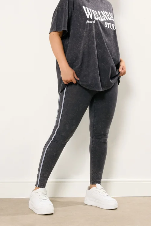 Yours Curve Grey Acid Wash Side Stripe Leggings - 16 Image 1