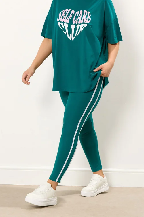 Yours Curve Teal Green Side Stripe Leggings - 20 Image 1