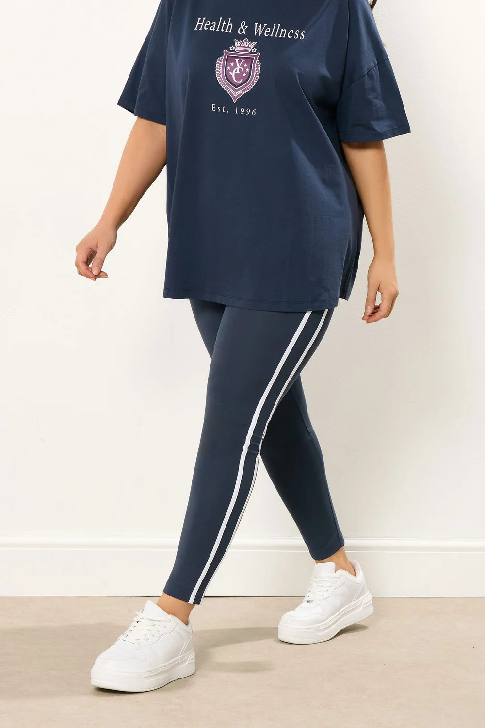 Yours Curve Navy Blue Side Stripe Leggings - 20 Image 1
