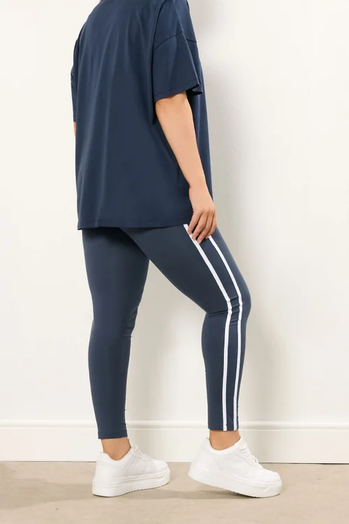 Yours Curve Navy Blue Side Stripe Leggings - 20 Image 3