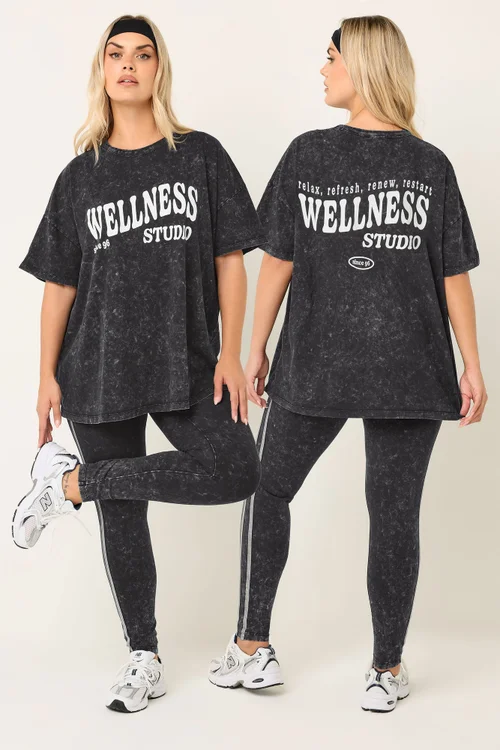 Yours Curve Black 'Wellness Studio' T-Shirt - Size 26-28 Image 1