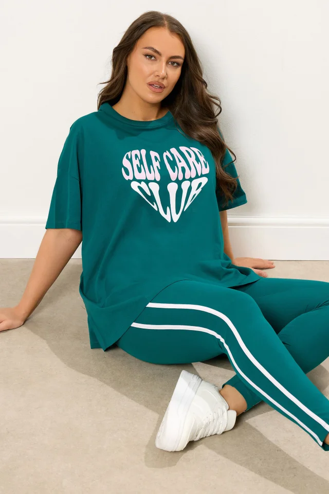 Yours Curve Green 'Self Care' Slogan T-Shirt