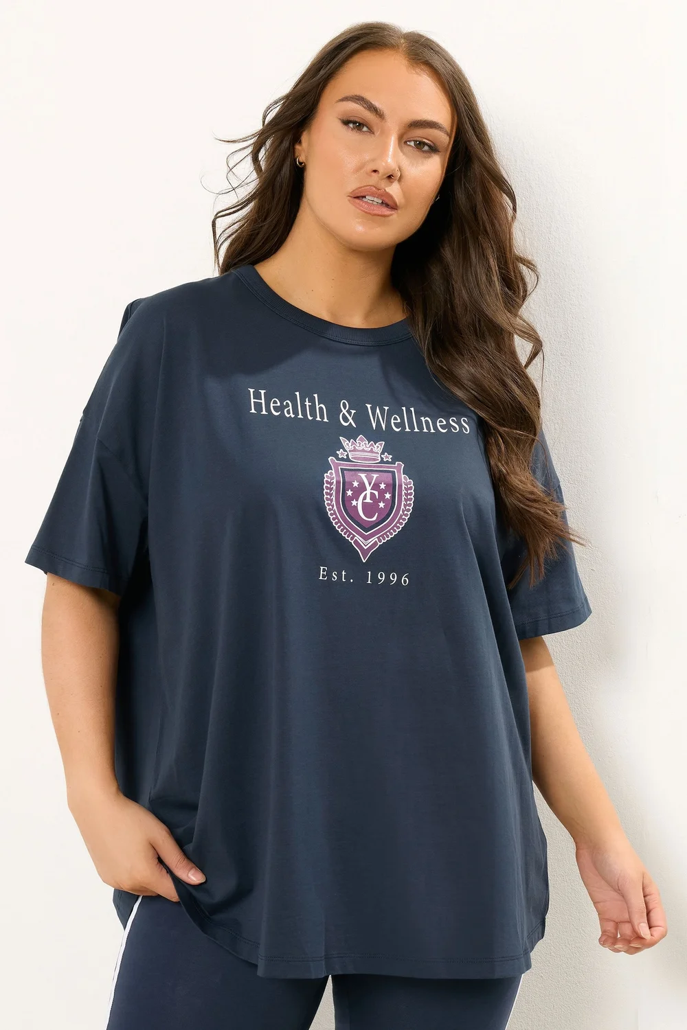 Yours Curve Navy Blue 'Health & Wellness' Slogan T-Shirt - Size 22-24 Image 1