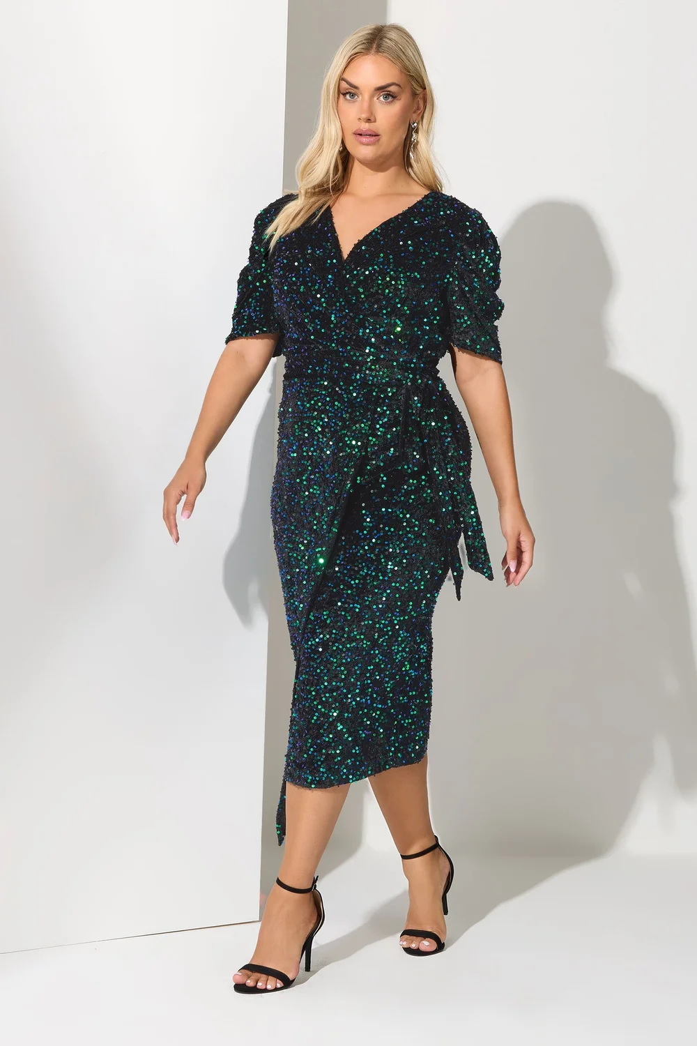 Yours London Curve Black & Green Sequin Velvet Wrap Dress - 16 Image 2