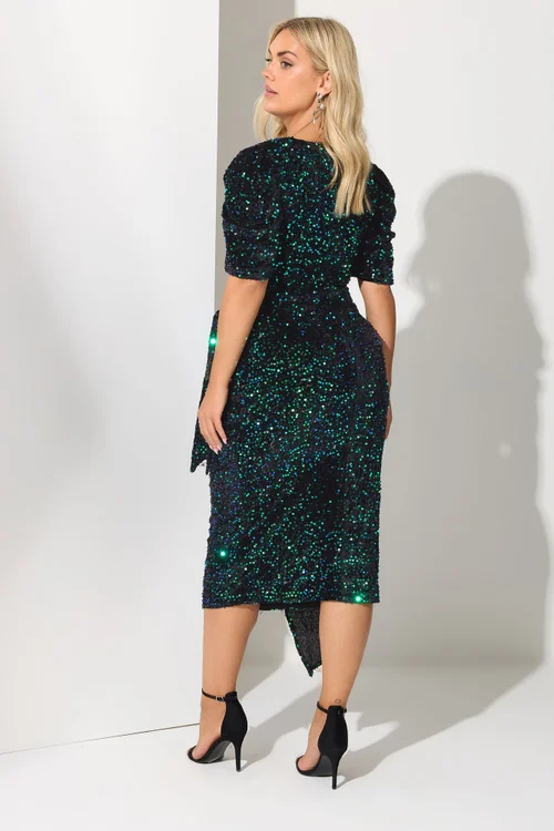 Yours London Curve Black & Green Sequin Velvet Wrap Dress - 16 Image 3